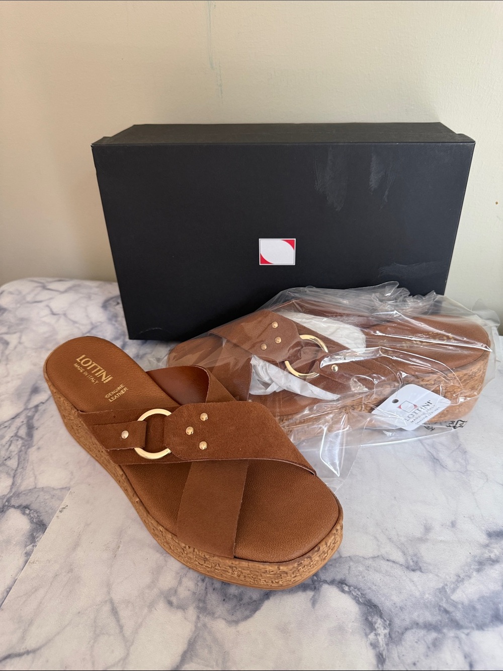Made in Italy Brown Genuine Leather Platform Slide Sandals with Gold Ring